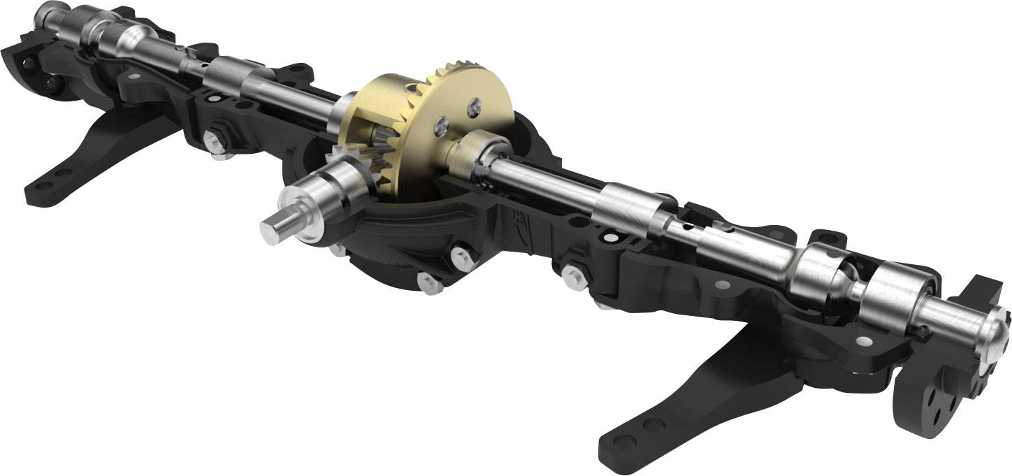 Złożony element konstrukcyjny z centralnym kołem zębatym. Część jest ułożona liniowo i składa się z elementów metalowych oraz czarnych.