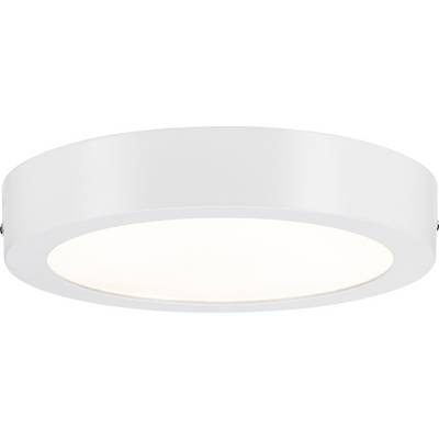 Okrągła, płaska lampa sufitowa w kolorze białym z mlecznym kloszem.