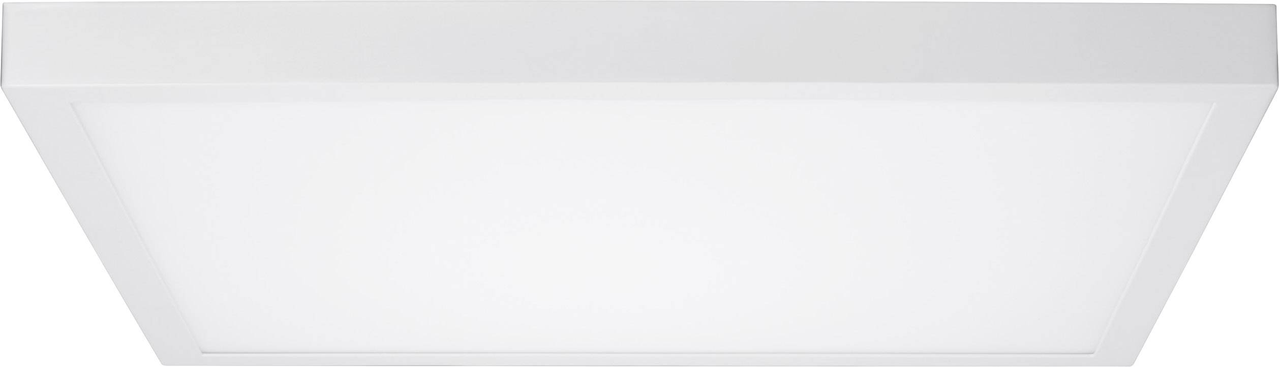 Prostokątna, płaska lampa sufitowa z białą ramą i mleczną nakładką, która emituje równomierne światło.