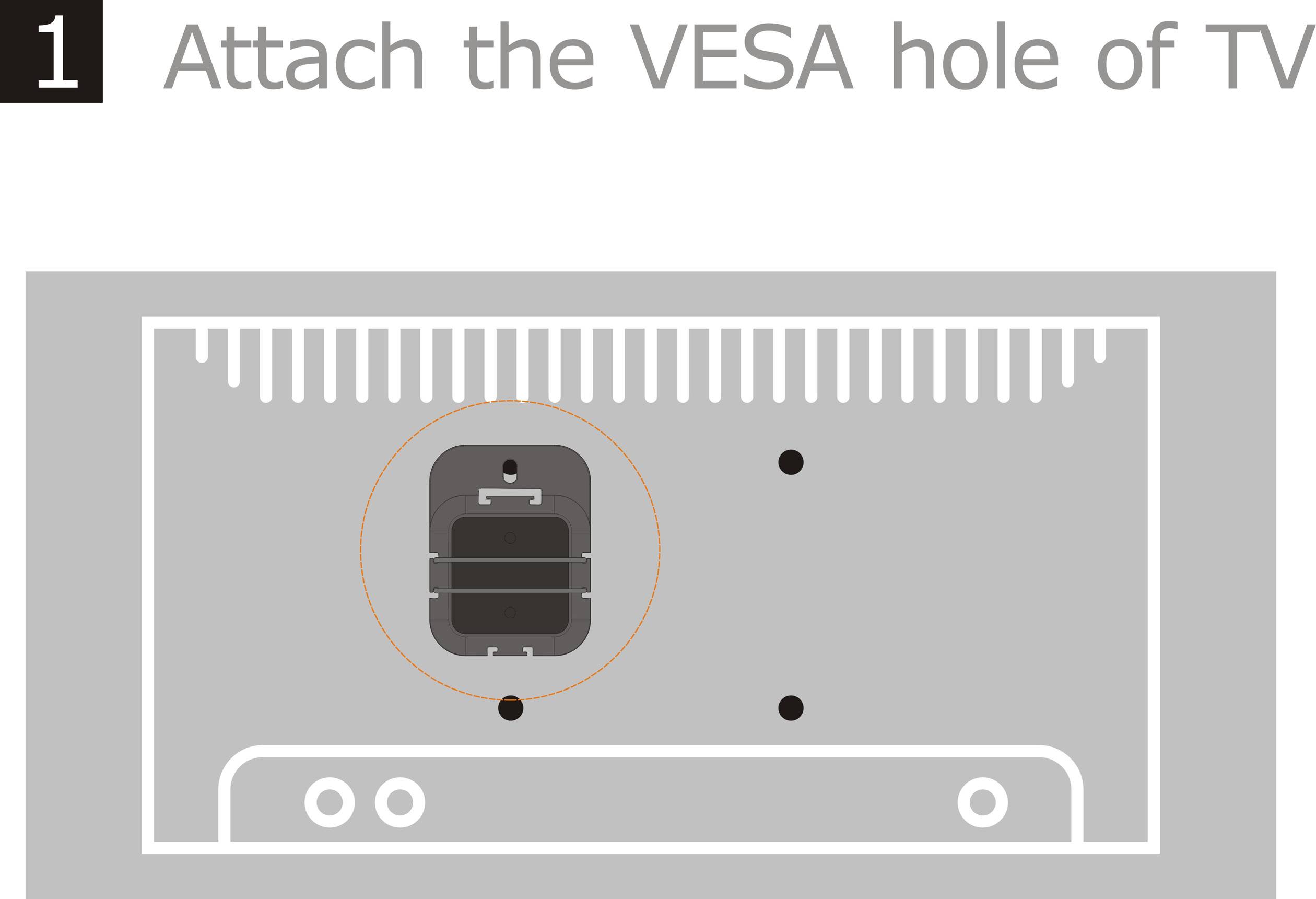 Krok 1: Zamocuj otwór VESA telewizora. Na ilustracji widać tylną część telewizora z zaznaczonym obszarem VESA.