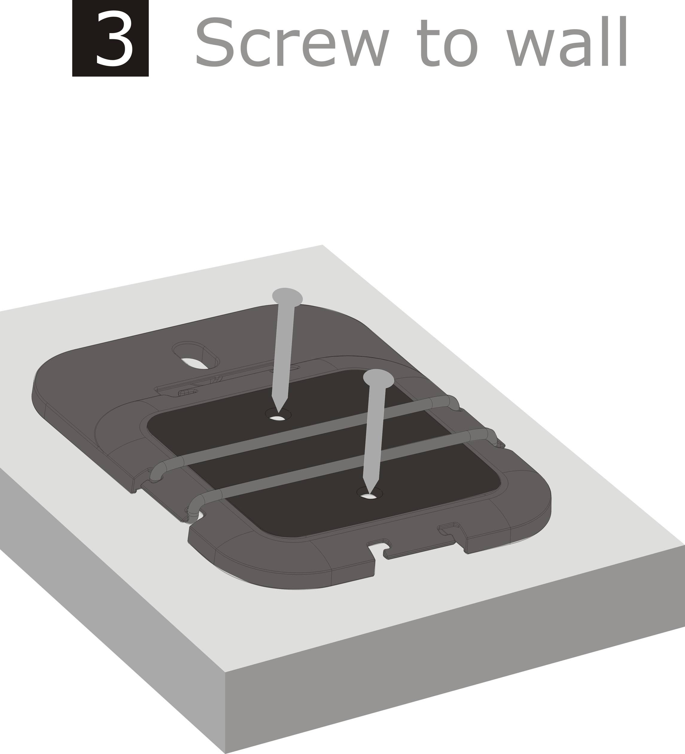 Krok 3: Przykręcić do ściany. Obraz przedstawia uchwyt z dwoma śrubami, które są wkręcane przez otwory w materiale ściennym.
