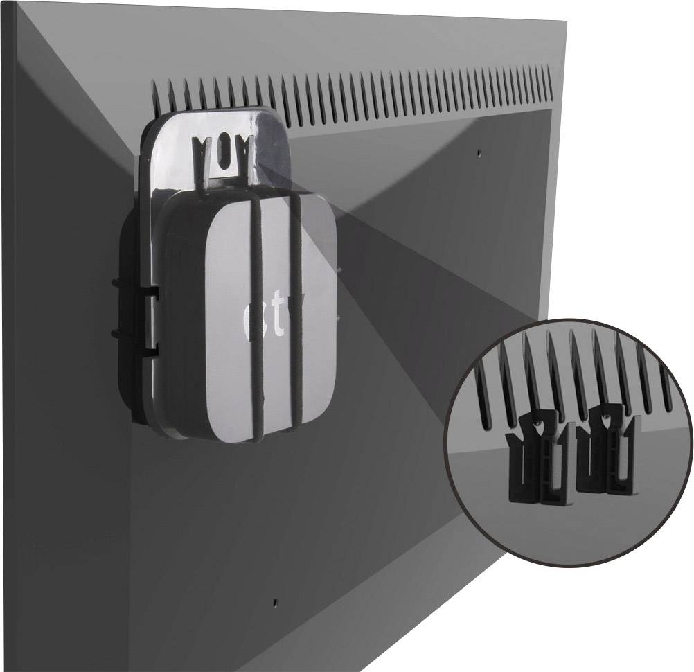 Uchwyt telewizyjny zamocowany z tyłu telewizora. Powiększony fragment przedstawia szczegółowo elementy mocujące.