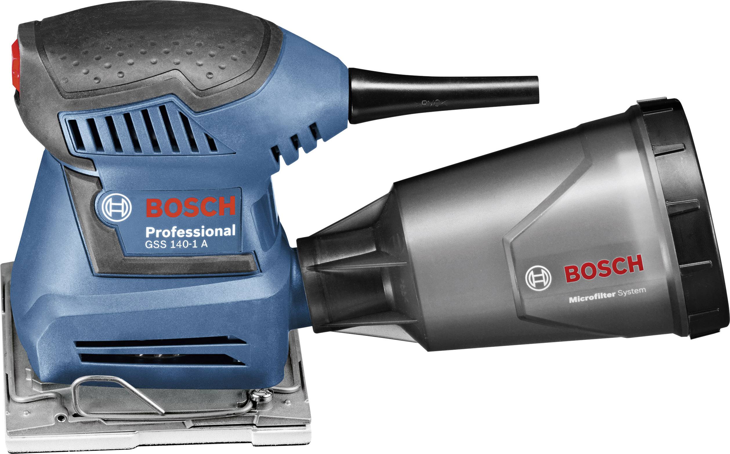 Na zdjęciu przedstawiona jest niebieska szlifierka Bosch Professional GSS 140-1 A z zintegrowanym systemem mikrofiltrów.