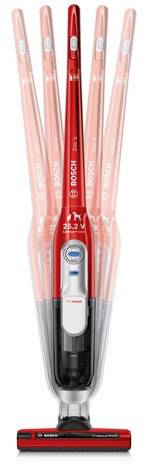 Czerwony bezprzewodowy odkurzacz z czarną końcówką, o smukłej sylwetce, idealny do sprzątania sierści zwierząt i różnych powierzchni.