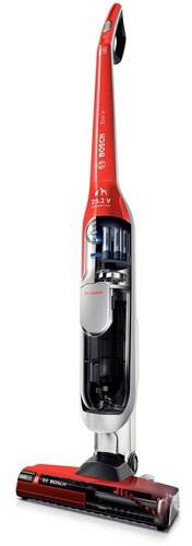 Bezprzewodowy, czerwony odkurzacz pionowy o mocy 32,4V, prezentujący przezroczysty system pojemnika na kurz i szczotki.