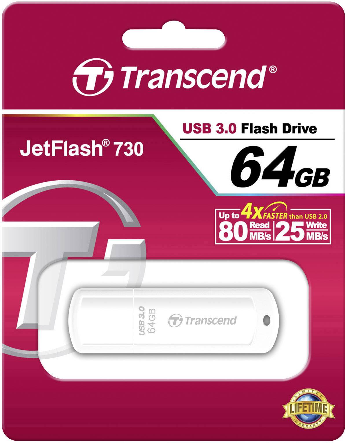Pendrive Transcend JetFlash 730 USB 3.0, 64GB. Prędkości: 80 MB/s odczytu, 25 MB/s zapisu. Opakowanie w kolorach czerwonym i białym.