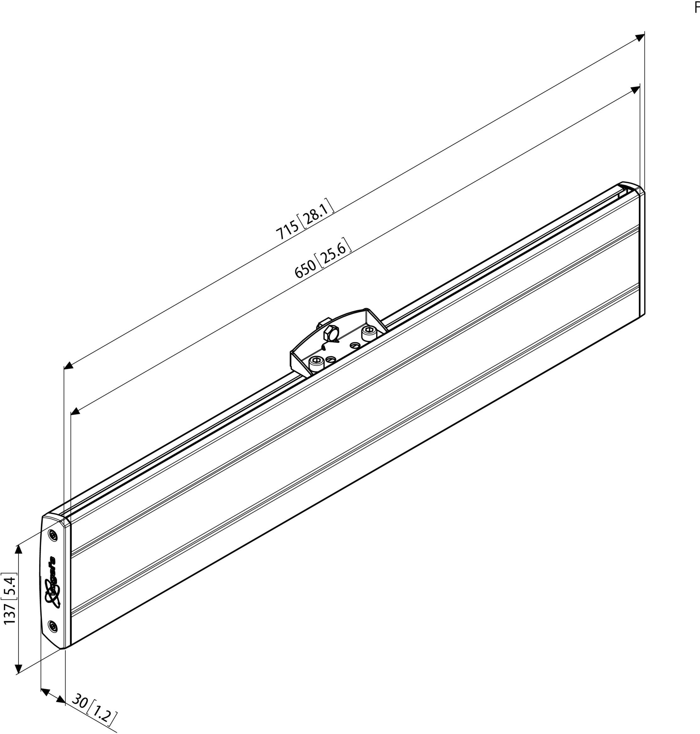 Rysunek techniczny prostokątnego uchwytu z wymiarami: 71,5 cm długości, 7,4 cm wysokości, 3 cm głębokości. Uchwyt montażowy w środku.