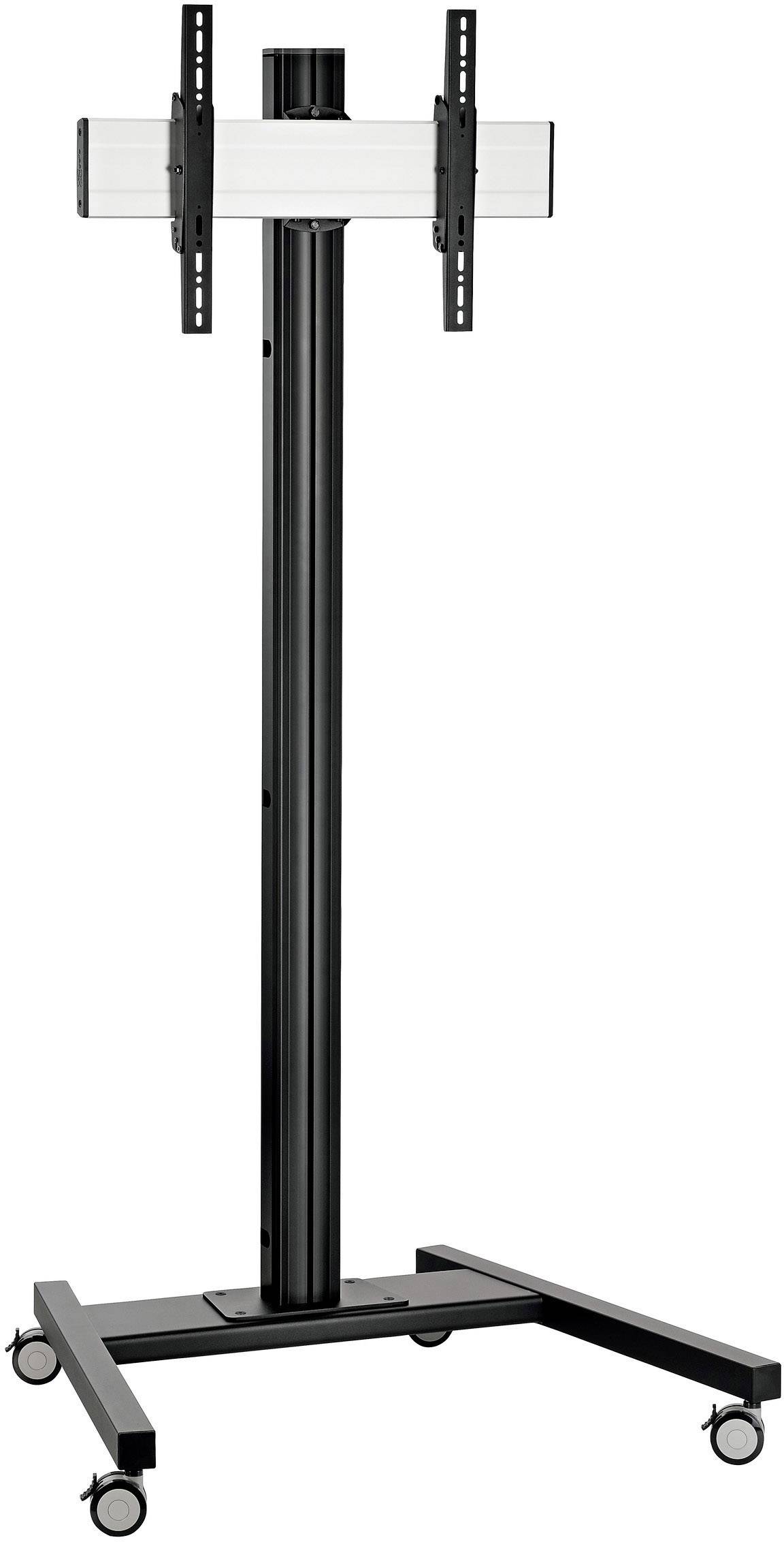 Czarny stojak na telewizor na kółkach z regulowanym uchwytem, odpowiedni do montażu ekranu.