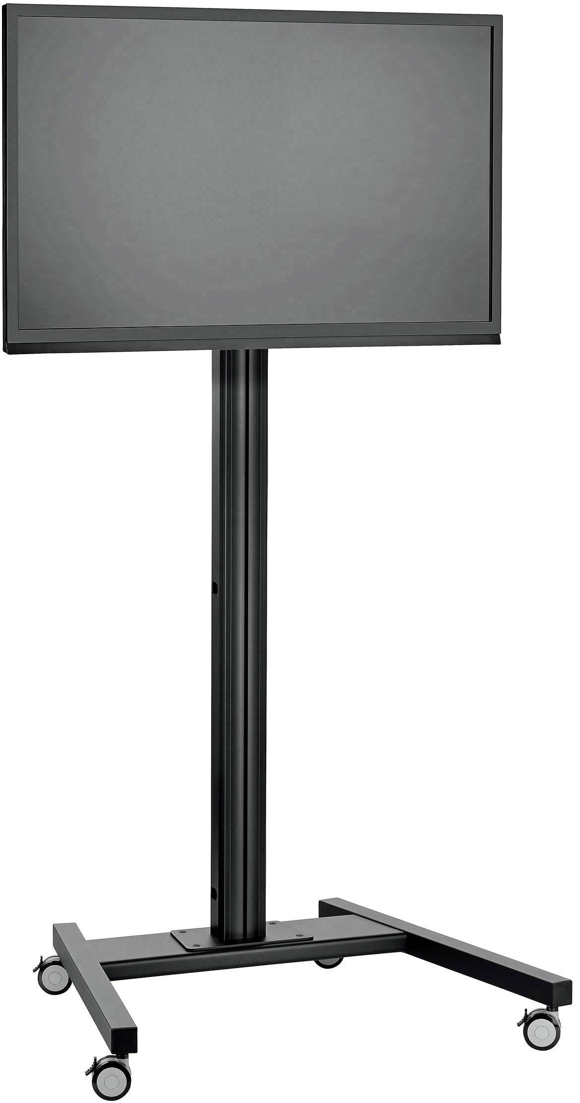 Czarny stojak na monitor z kółkami, regulowany wysokościowo, odpowiedni dla wyświetlaczy do 55 cali. Idealny do prezentacji i targów.
