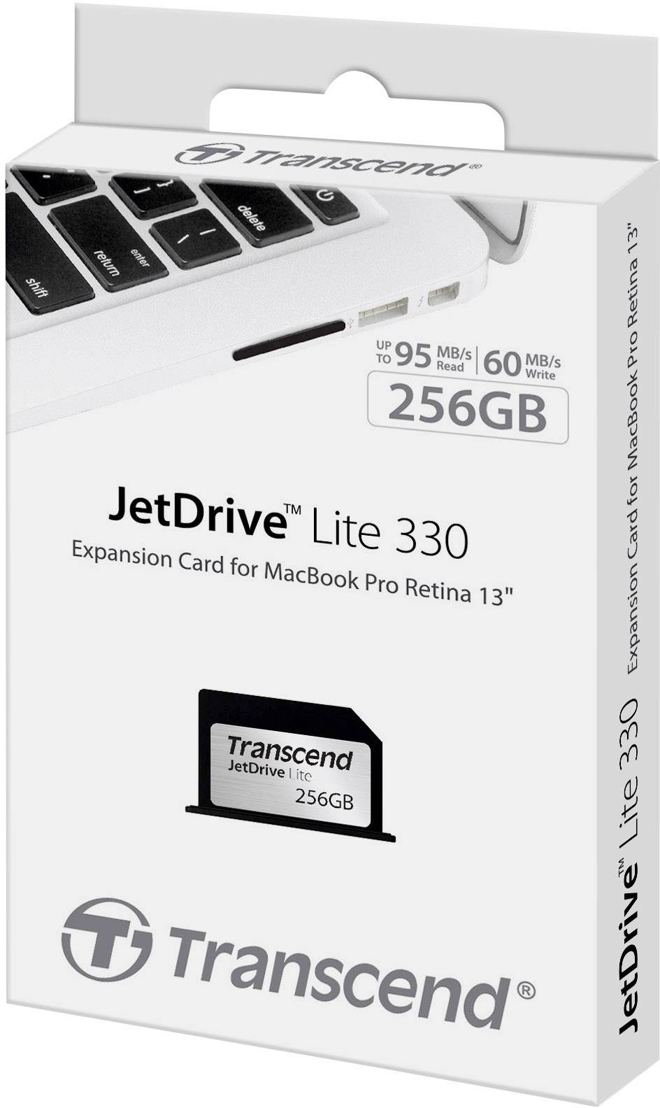 Karta rozszerzenia pamięci Transcend JetDrive Lite 330 dla MacBook Pro Retina 13", 256GB, do 95 MB/s odczytu i 60 MB/s zapisu.