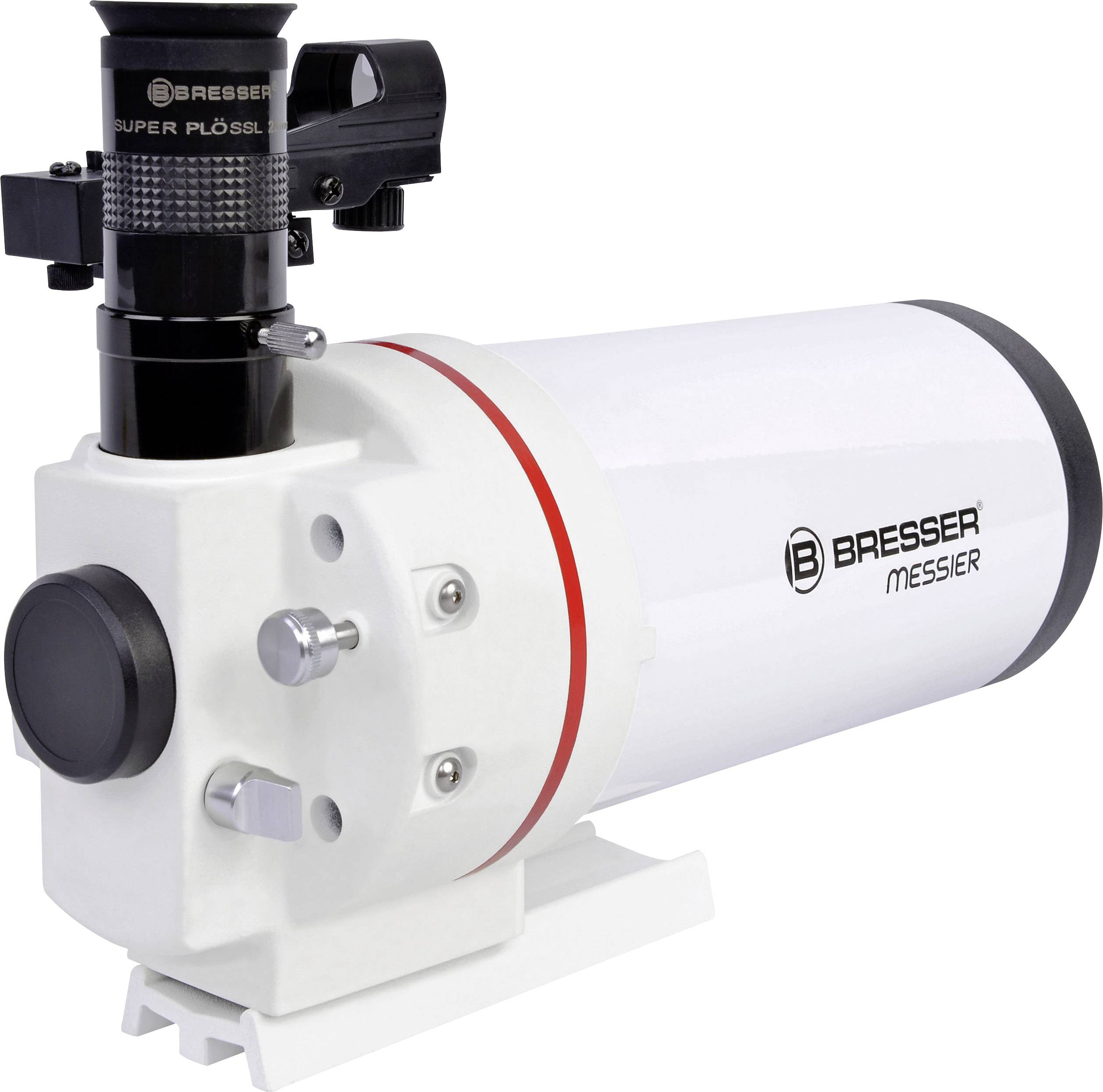 Białe teleskop Bresser Messier z czarnymi i czerwonymi akcentami. Posiada celownik i stoi na statywie.