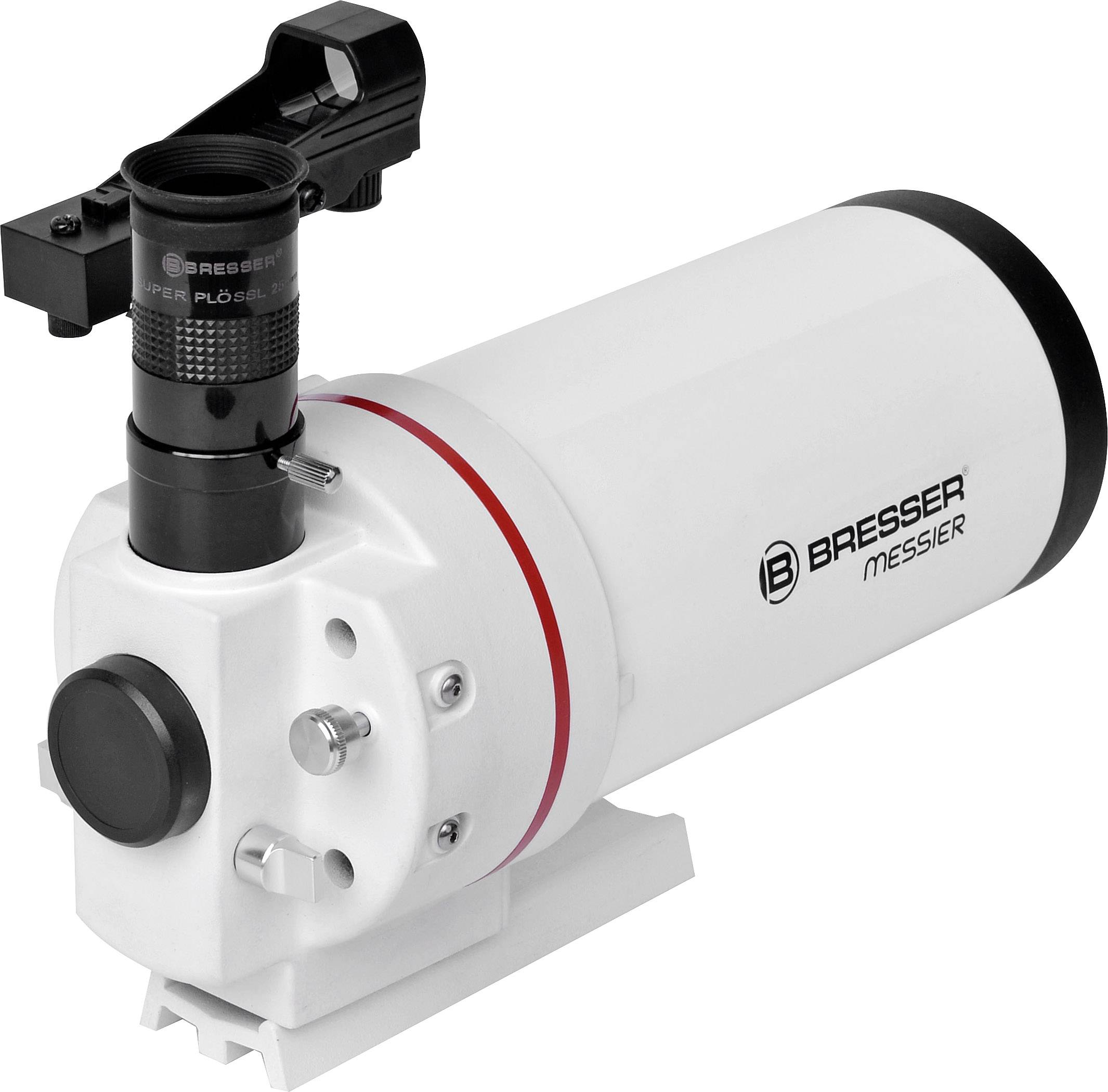 Teleskop w białej obudowie z czarną nasadką okularową, z widoczną nazwą marki 'Bresser Messier', przeznaczone do obserwacji nieba.