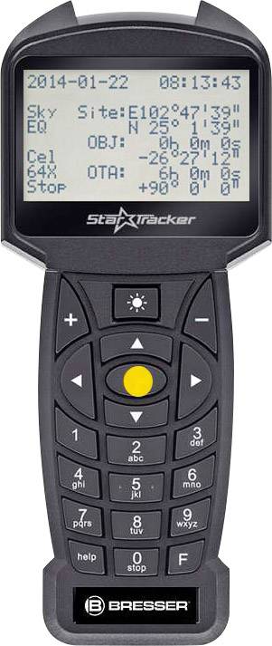 Ręczny kontroler teleskopu z wyświetlaczem wskazującym datę, godzinę, współrzędne i informacje o obiekcie. Nazwa marki poniżej.