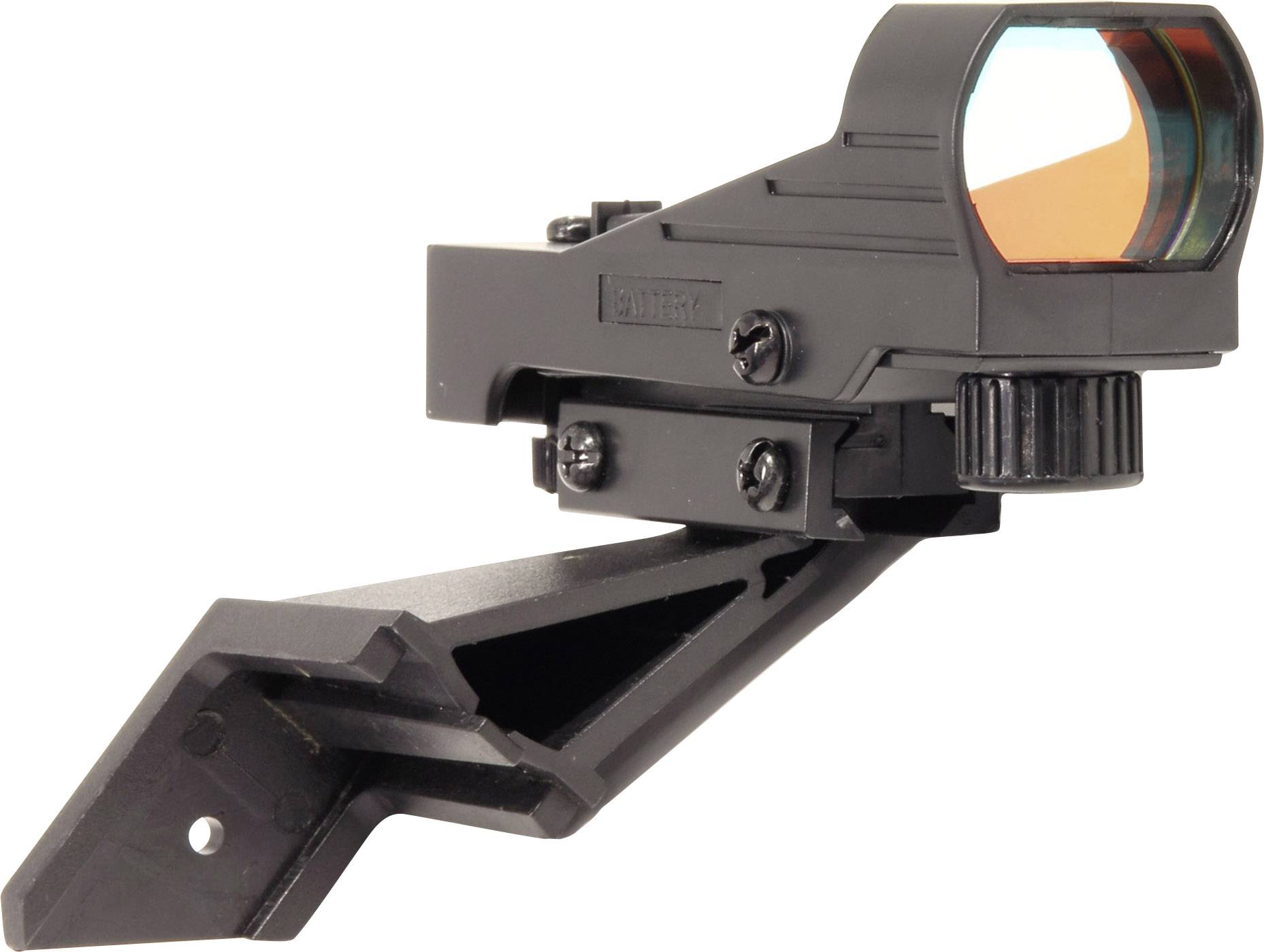 Ilustracja czarnej lunety refleksyjnej z szyną montażową. Przedstawia czerwony celownik i jest używana do celowania w broni.