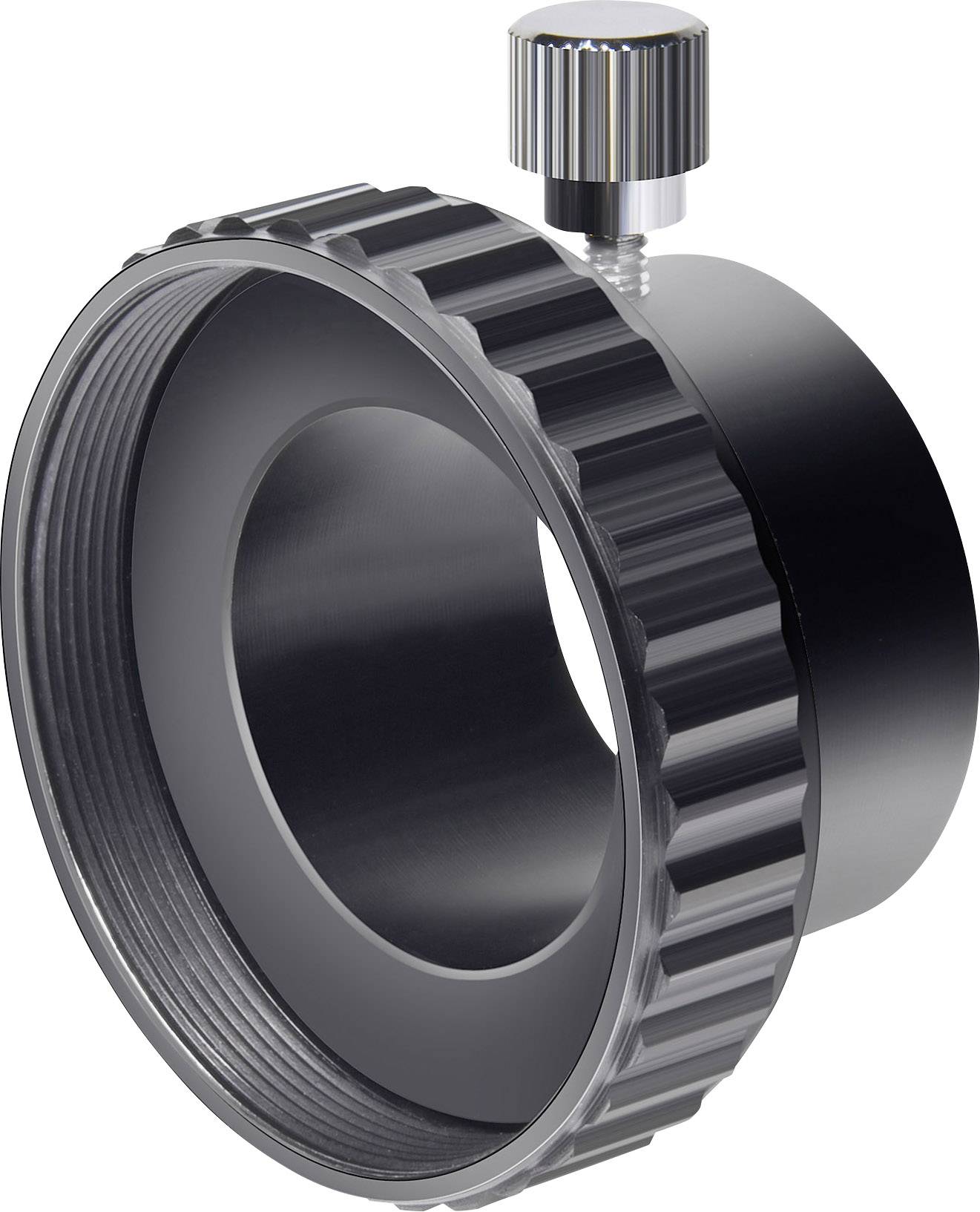 Czarny, ryflowany pierścień adaptera z srebrną śrubą regulacyjną na górze, używany do mocowania akcesoriów przy urządzeniach optycznych.