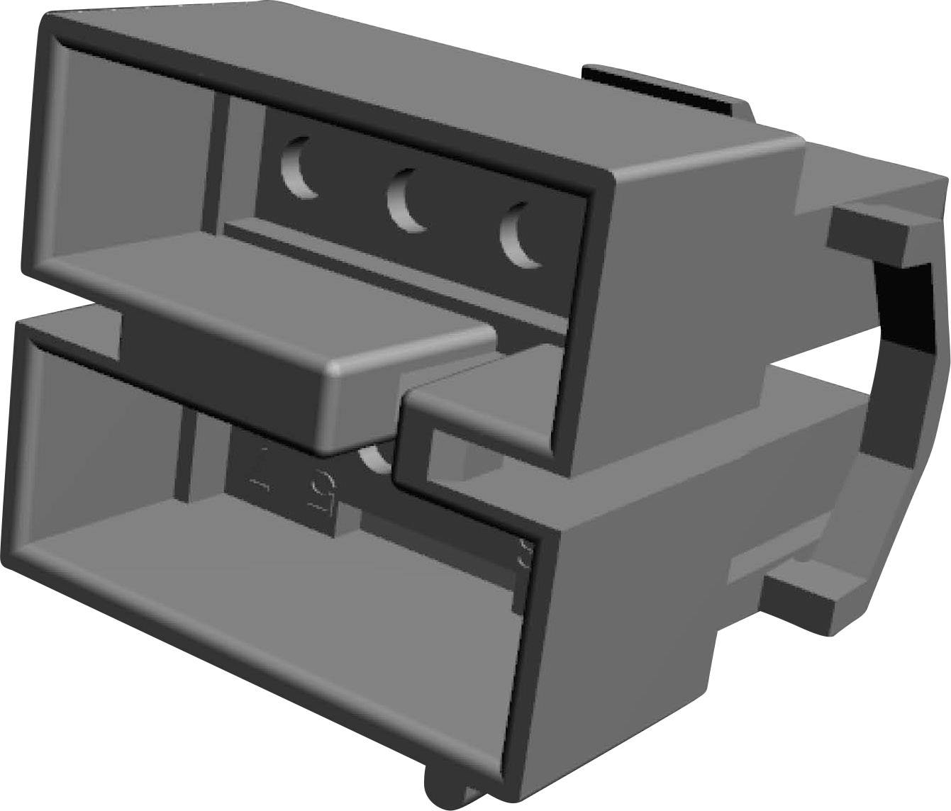 Szary złącze wtykowe z tworzywa sztucznego z wieloma gniazdami i mechanizmem blokującym, widziany z boku.