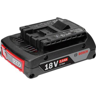 Akumulator Bosch 18V 2,0 Ah Li-Ion, czarny z czerwonymi akcentami i wskaźnikiem poziomu naładowania, odpowiedni do elektronarzędzi.