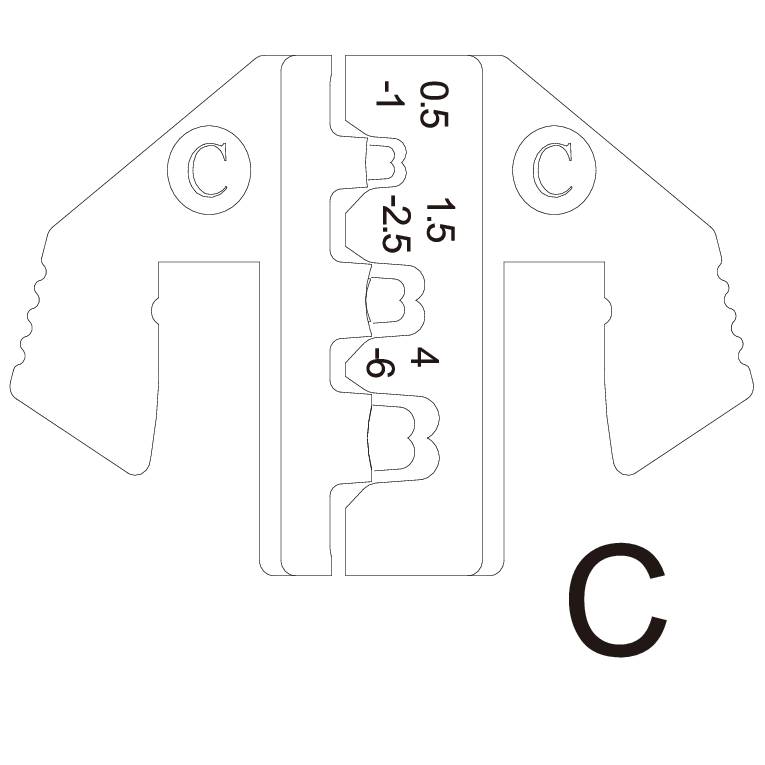 Narzędzie do usuwania izolacji przewodów o zakresie pomiarowym od 0,5 do 2,5 mm, włącznie z literą C.