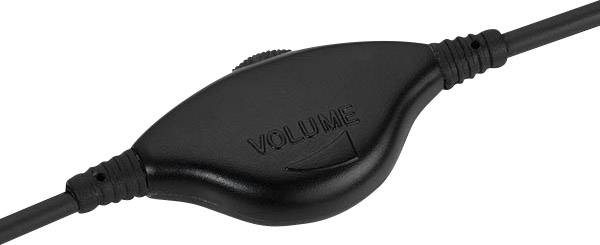 Czarny regulator głośności na kablu, z napisem 'VOLUME' i skalą; służy do kontrolowania natężenia dźwięku.