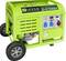 Zielony generator prądu na kółkach z wieloma gniazdkami elektrycznymi i panelem sterowania, odpowiedni do mobilnego zasilania.