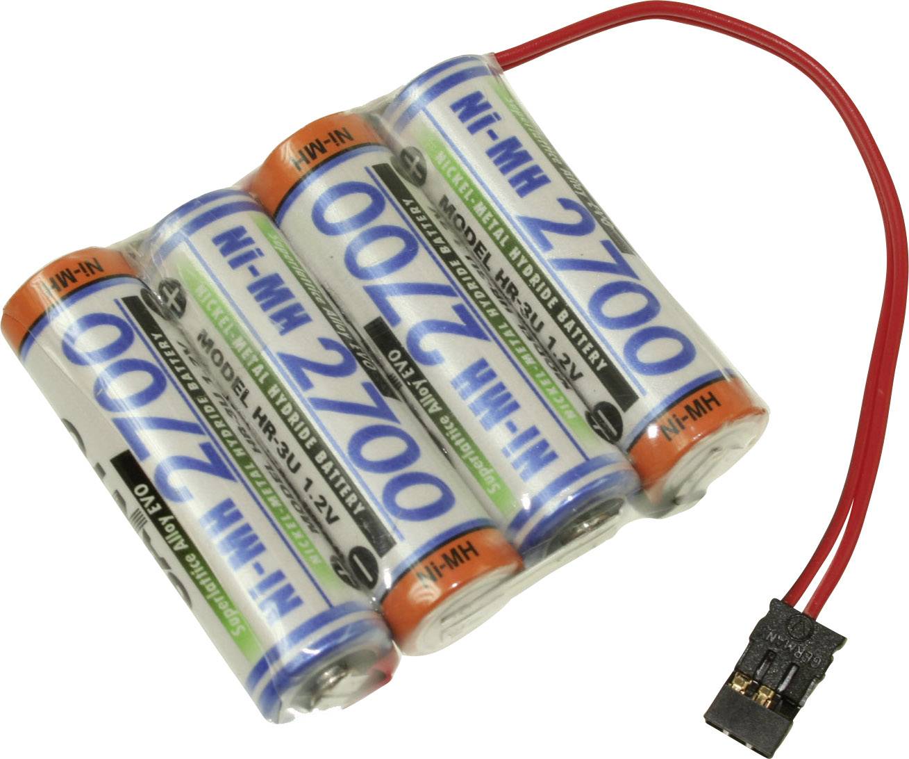 Cztery połączone ze sobą akumulatory AA o pojemności 2700 mAh z czerwonym przewodem przyłączeniowym.