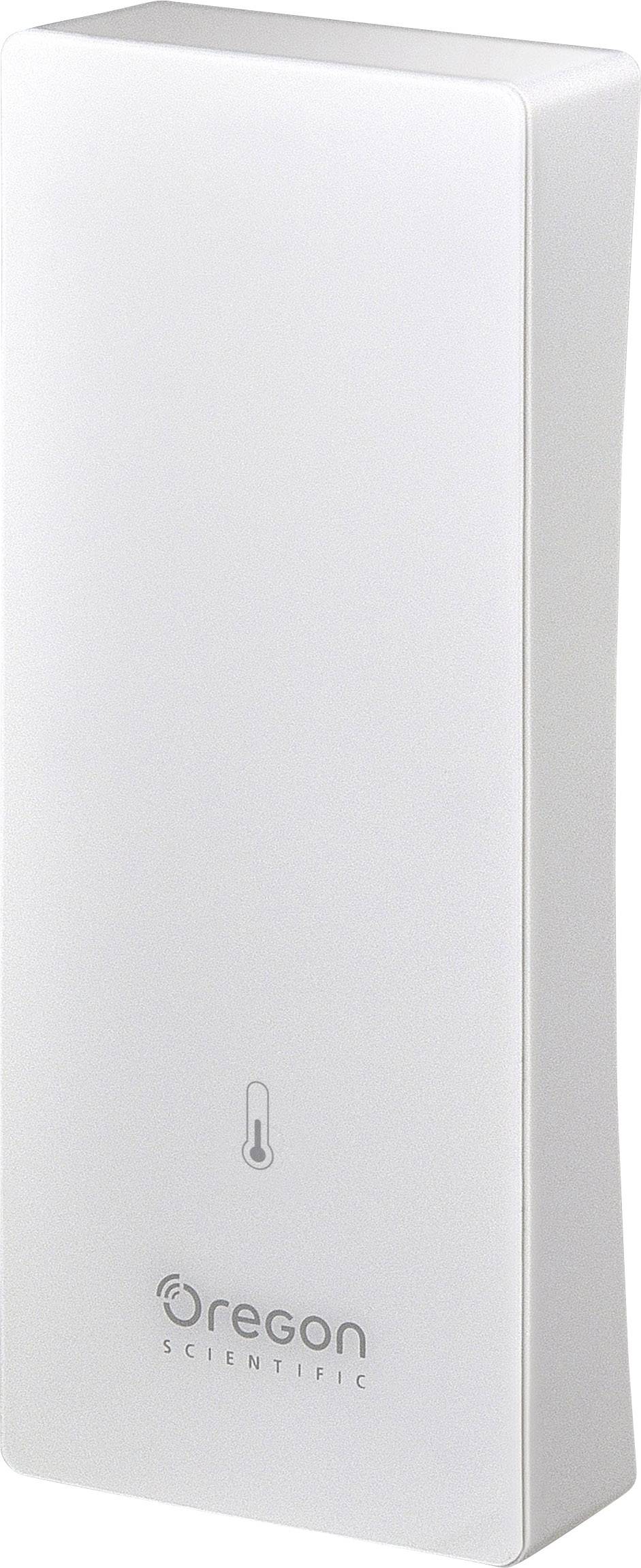 Prostokątny biały czujnik firmy Oregon Scientific do pomiaru temperatury, bez widocznych wyświetlaczy lub elementów sterujących.