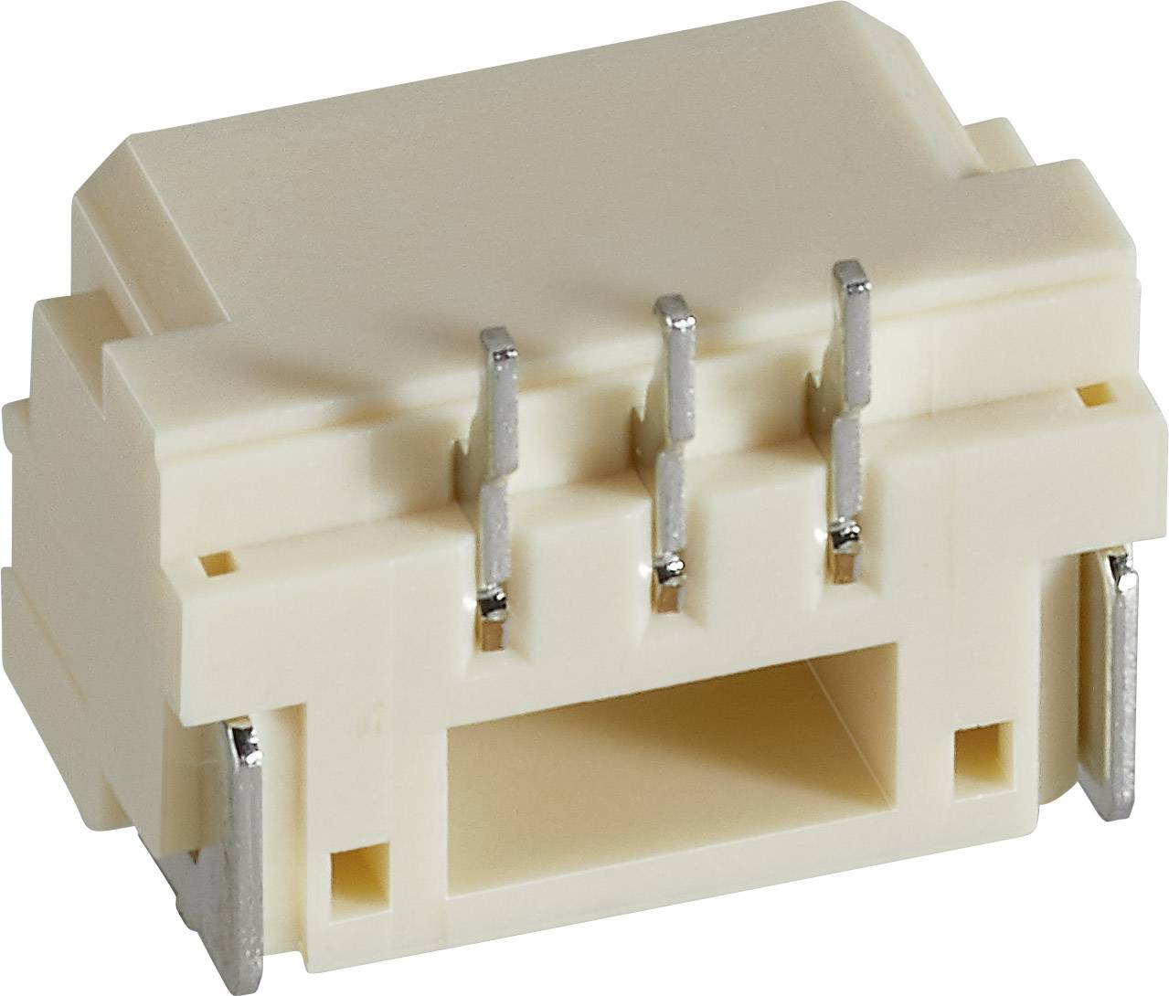 Beżowy złącze z czterema metalowymi stykami i prostokątnym otworem.