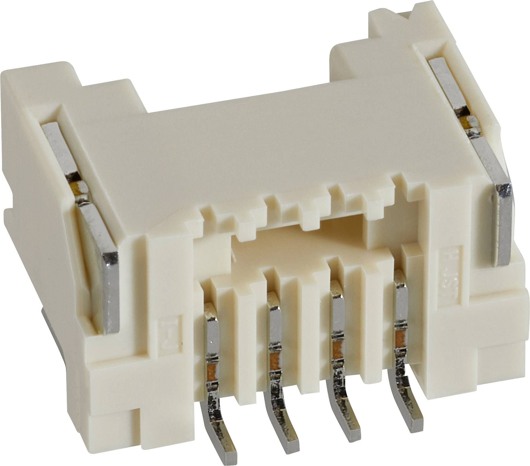 Plastikowa obudowa złącza z pięcioma pinami metalowymi do połączeń elektronicznych.