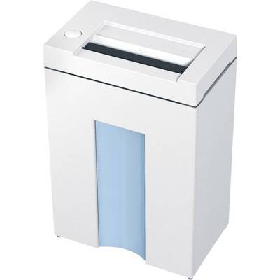 Niszczarka dokumentów przypominająca kształtem kosz na śmieci, z pionową szczeliną do wprowadzania papieru od góry. Dominuje biały kolor z niebieskim akcentem designerskim.