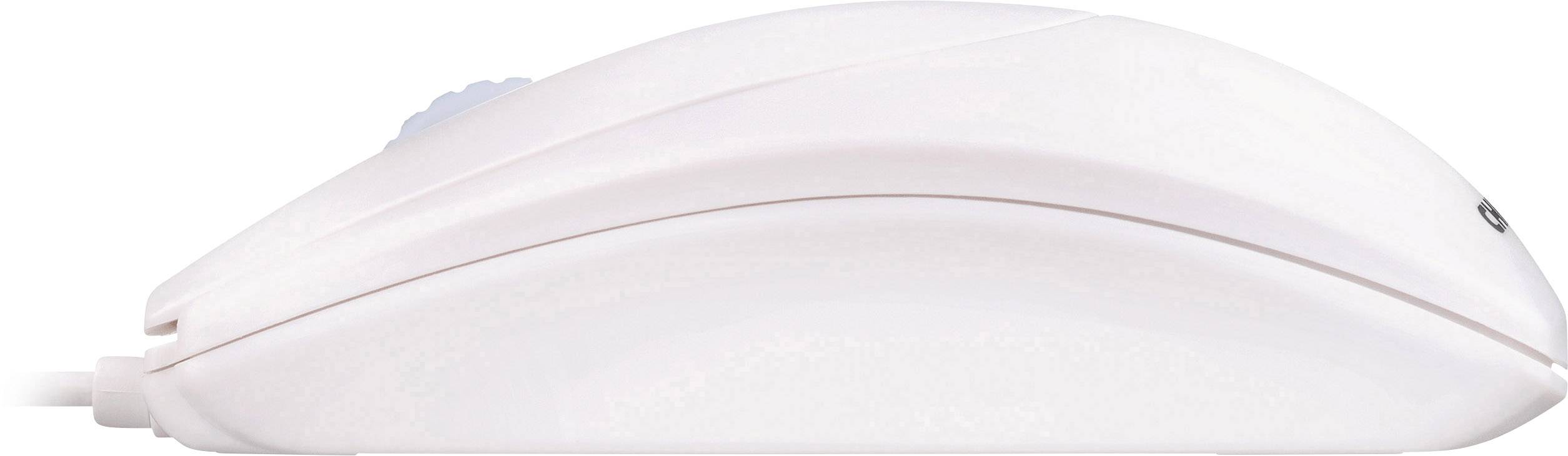 Biała mysz komputerowa widziana z boku, o minimalistycznym designie, z kółkiem przewijania, podłączona przewodem.