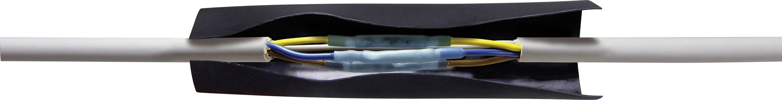 Przecięte połączenie elektryczne, w którym przewody są połączone niebieskimi zaciskami i owinięte czarnym materiałem izolacyjnym.