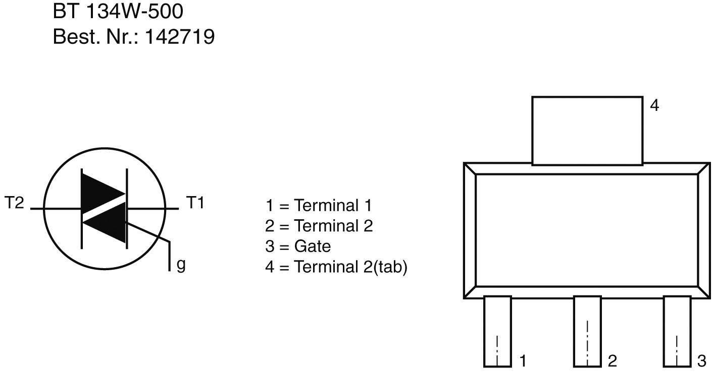 Schemat przedstawia Triak BT 134W-500 z zaciskami: Terminal 1 (1), Terminal 2 (2), Bramka (3), Zakładka Terminala 2 (4). Numer zamówienia: 142719.