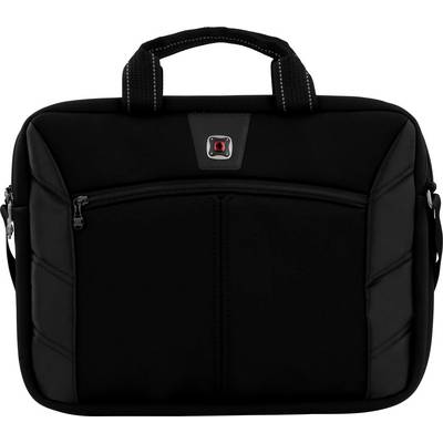 Czarna torba na laptopa z zamkiem błyskawicznym z przodu, uchwytem do noszenia i logo na torbie.