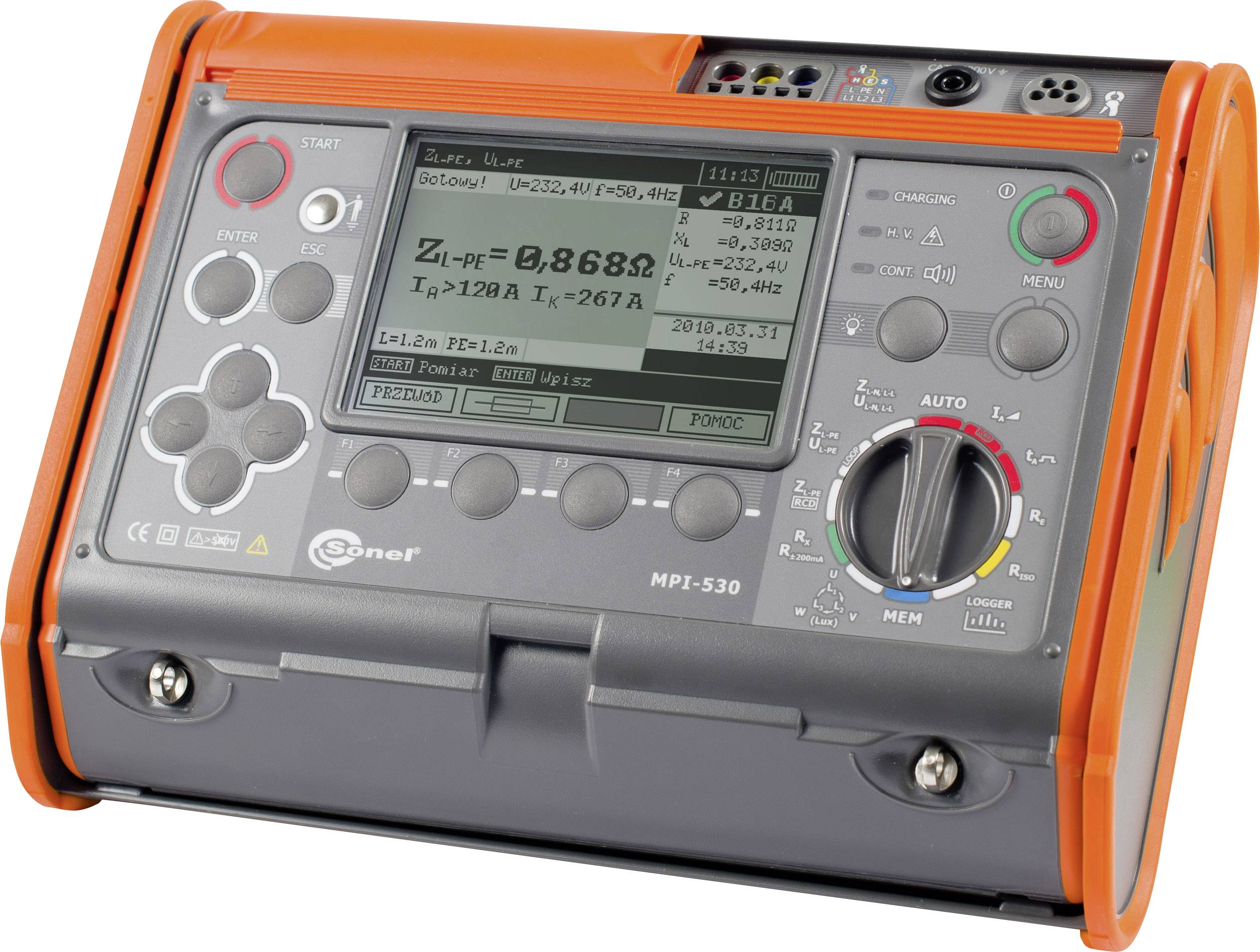 Cyfrowe urządzenie pomiarowe z wyświetlaczem pokazuje wartości elektryczne i ustawienia. Posiada przyciski do nawigacji i sterowania.