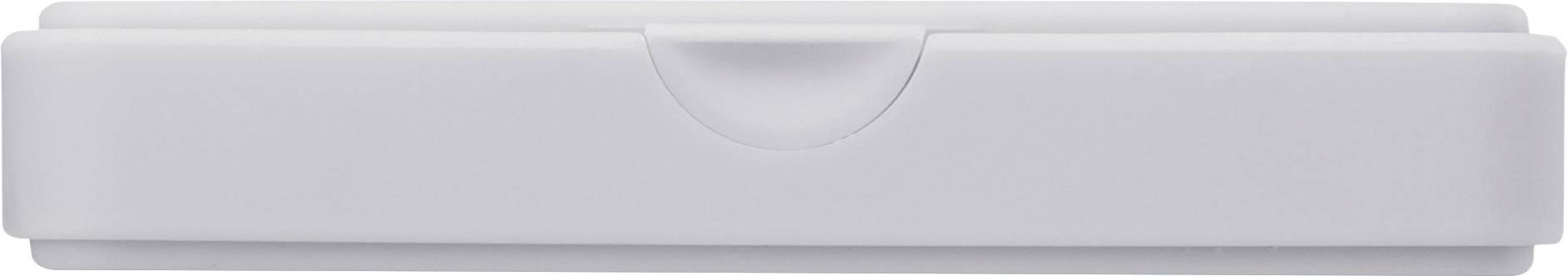 Biała, prostokątna obudowa z tworzywa sztucznego z prostym mechanizmem zamykającym z przodu.