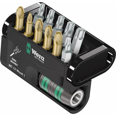 Wera Bit-Check BC 12 Wood 1 to kompaktowy uchwyt na bity z 12 bitami, w tym złotymi i srebrnymi, ułożonymi w dwóch rzędach.
