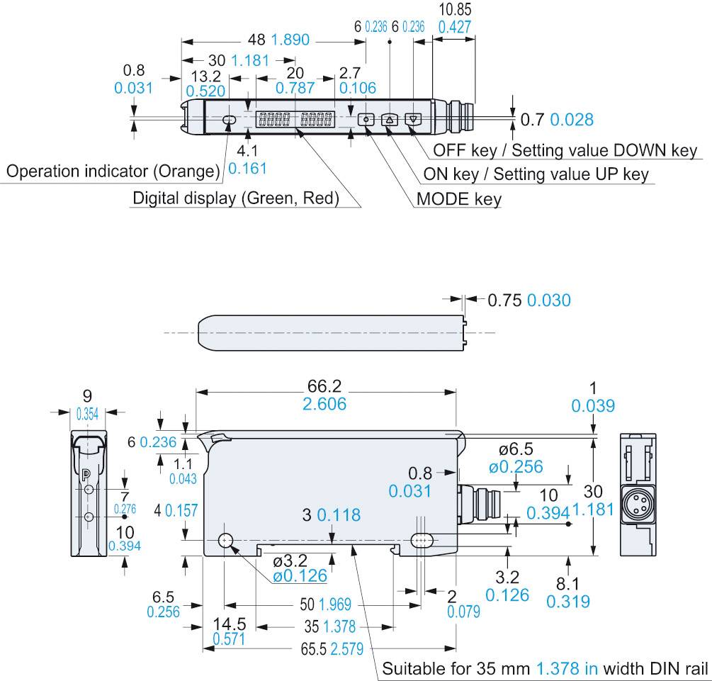 Rysunek techniczny cyfrowego urządzenia wyświetlającego z przyciskami i wyświetlaczem, przeznaczonego do montażu na szynie DIN 35 mm. Elementy i wymiary opisane.