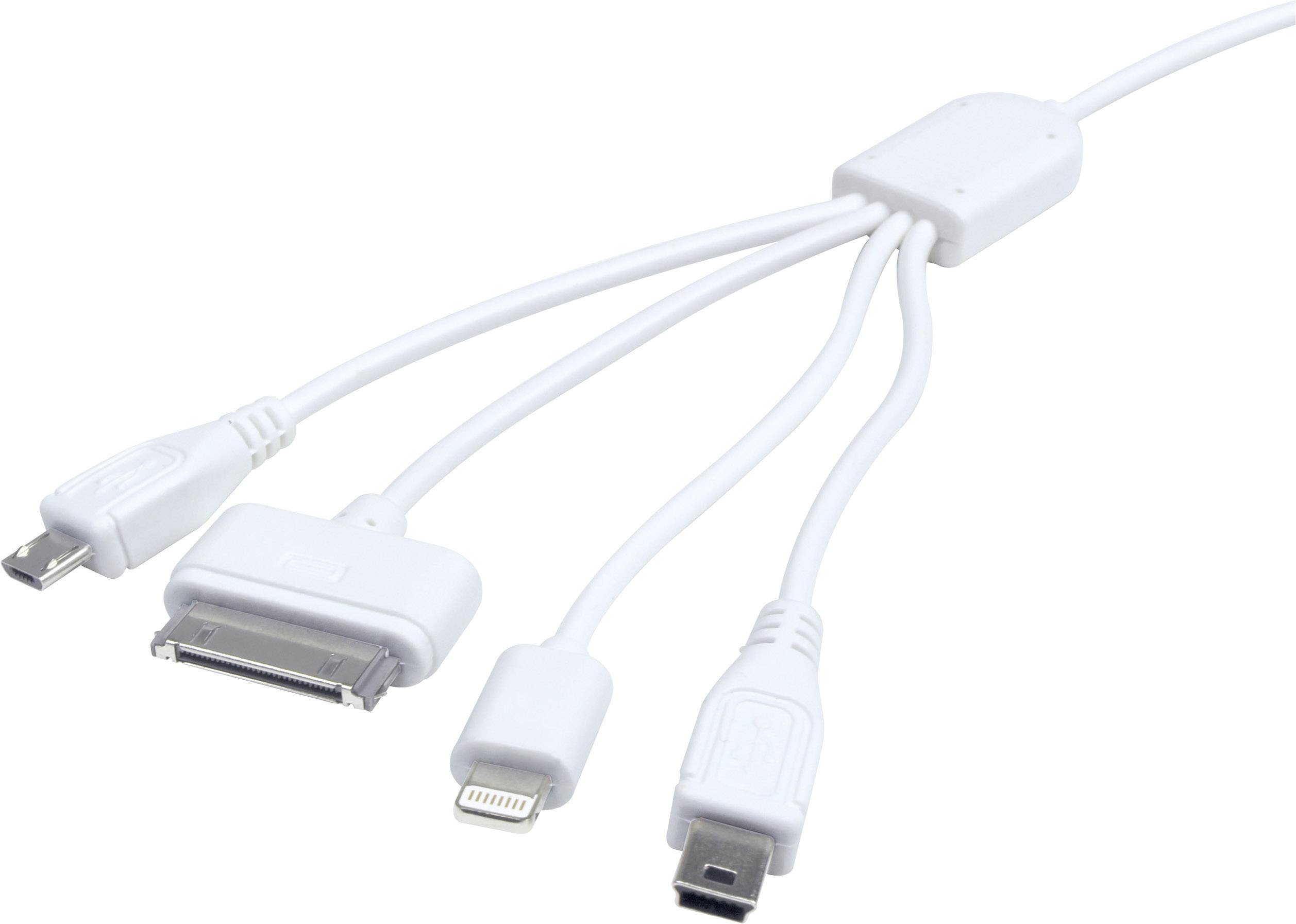 Wieloportowy kabel ładujący z wtykami Micro-USB, 30-pinowym, Lightning i Mini-USB, w kolorze białym. Idealny do ładowania różnych urządzeń.