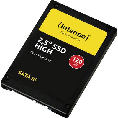 Dysk SSD firmy Intenso, 2,5 cala, o pojemności 120 GB, z interfejsem SATA III. Dysk SSD w czarnej obudowie z żółtym oznaczeniem.