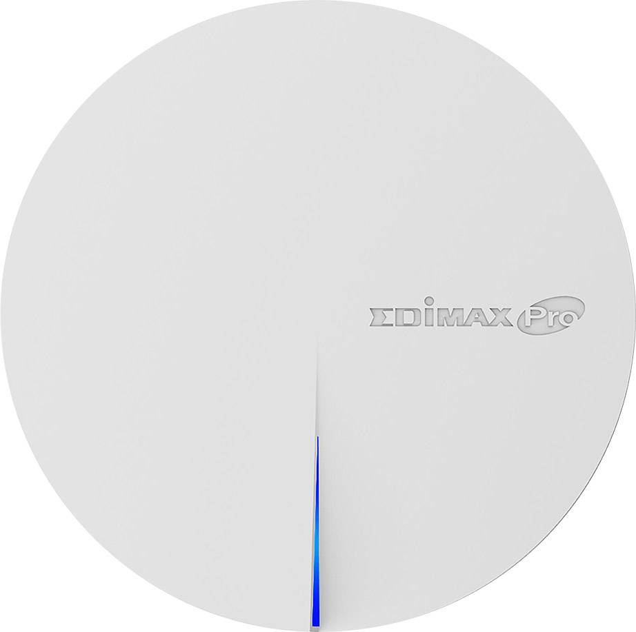 Okrągły punkt dostępowy Wi-Fi w kolorze białym z wąskim niebieskim paskiem świetlnym na spodzie oraz logo 'EDIMAX Pro' w prawym górnym rogu.