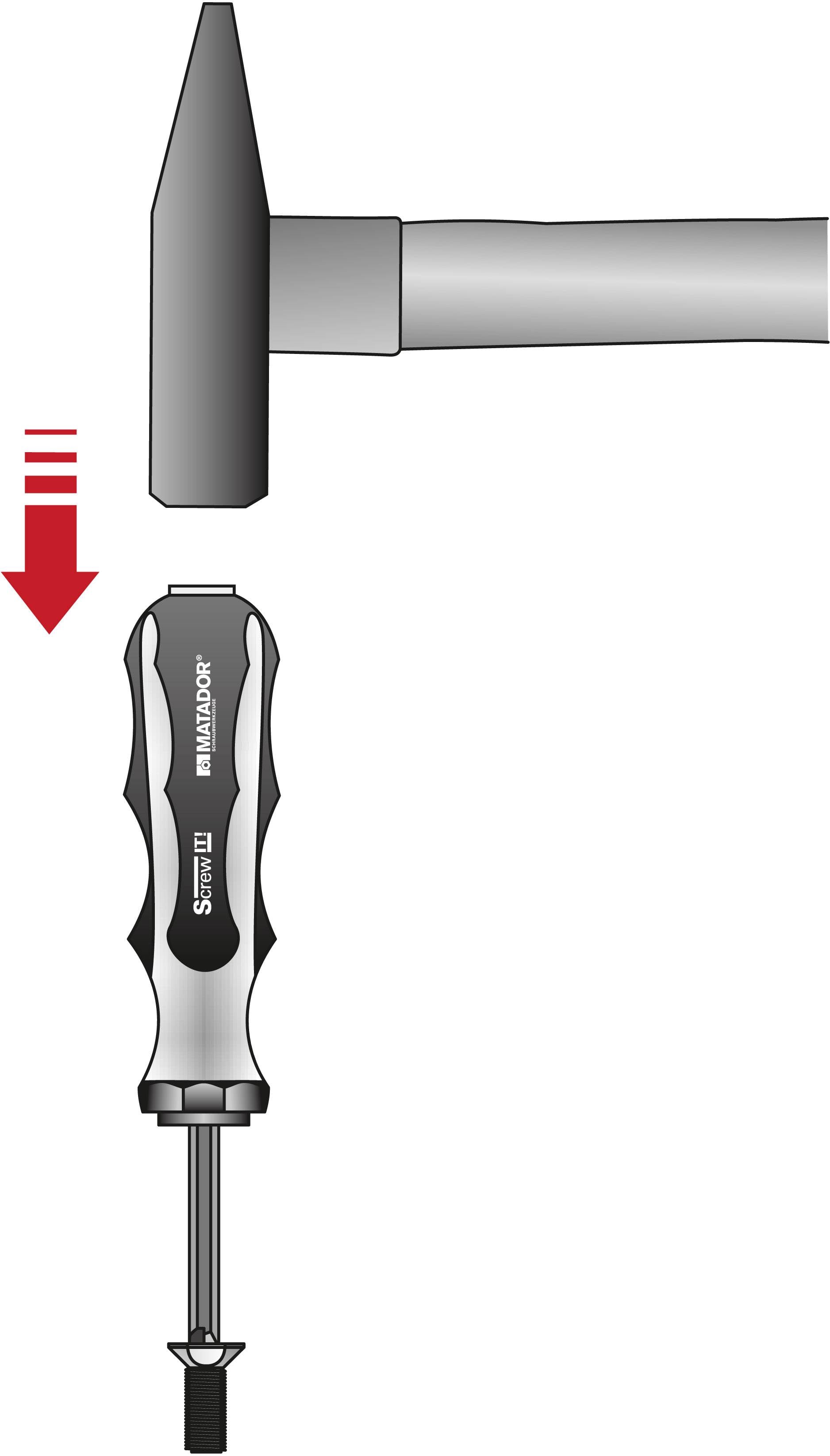 Młotek uderza od góry w śrubokręt; ilustruje, jak jedno uderzenie wciska śrubokręt w powierzchnię.