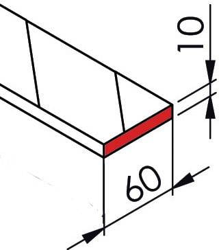 Rysunek techniczny przekroju prostokątnego. Wymiary: szerokość 60, wysokość 10. Czerwona powierzchnia oznacza powierzchnię czołową.