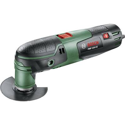 Zielone wielofunkcyjne narzędzie Bosch PMF 220 CE z czarnym uchwytem i czerwono-czarnym przyciskiem włączania, przydatne do różnorodnych prac majsterkowiczów.