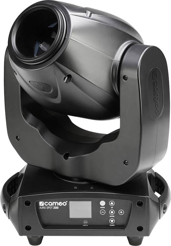 Czarny ruchomy reflektor sceniczny z cyfrowym wyświetlaczem i elementami sterującymi, odpowiedni do oświetlenia scenicznego.