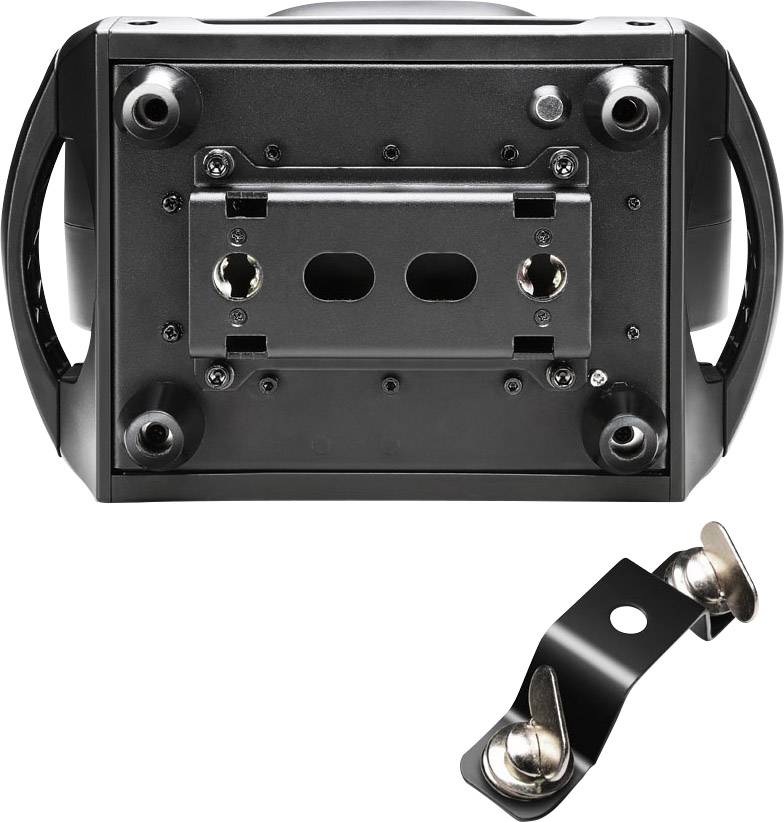 Czarne, prostokątne urządzenie z otworami i śrubami oraz zdejmowalnym uchwytem montażowym, prawdopodobnie przeznaczone do mocowania na ścianie.