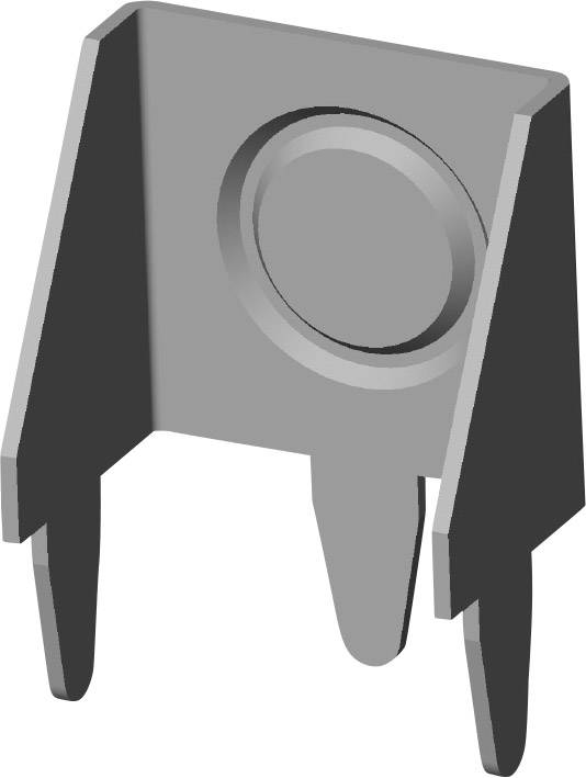 Srebrny metalowy element mocujący z okrągłym otworem na górze, dwoma zagiętymi ramionami i trzema skierowanymi w dół końcówkami.