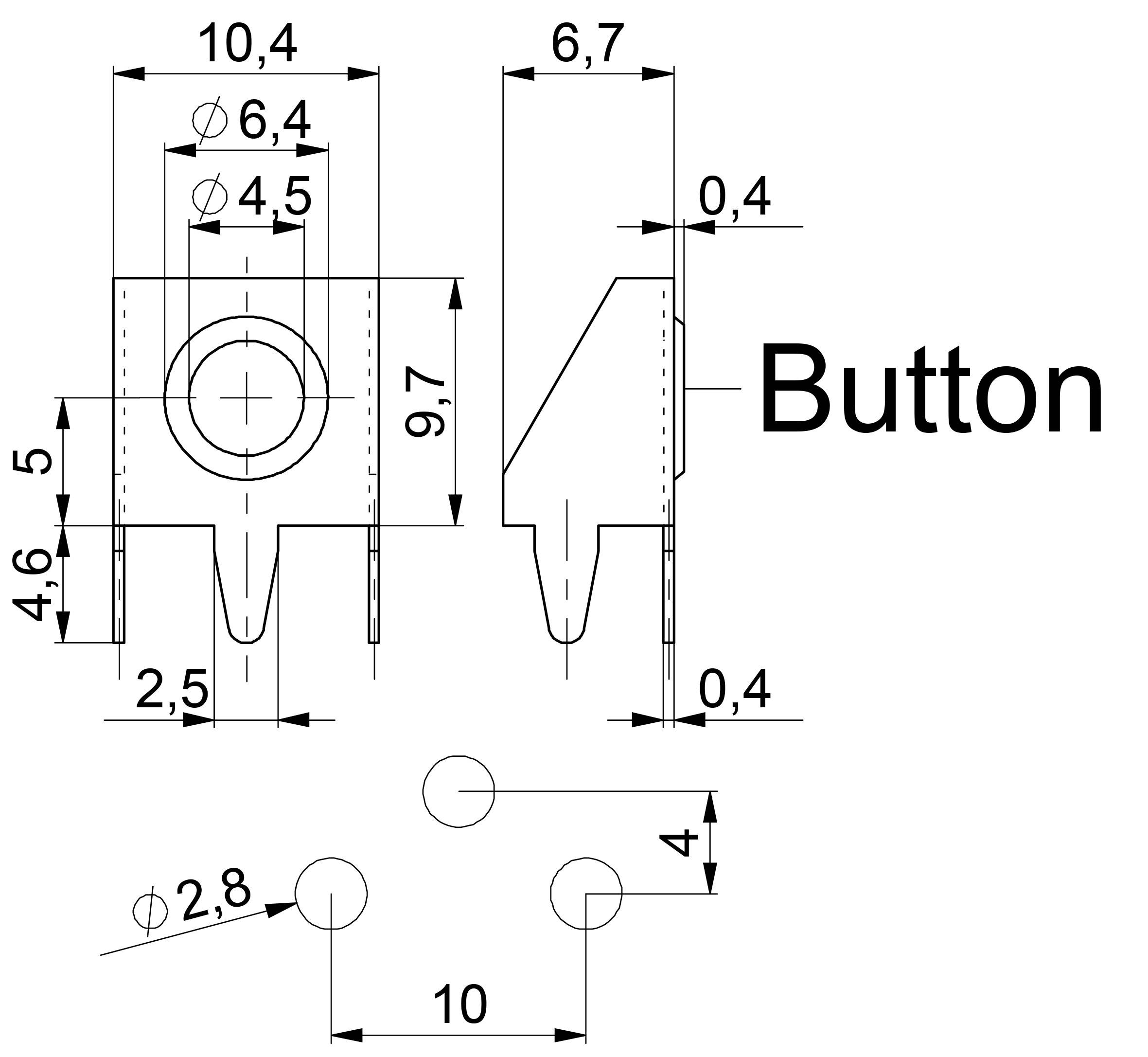 Rysunek techniczny guzika z wymiarami w milimetrach, przedstawiający widok z przodu i z boku oraz pozycje otworów montażowych.
