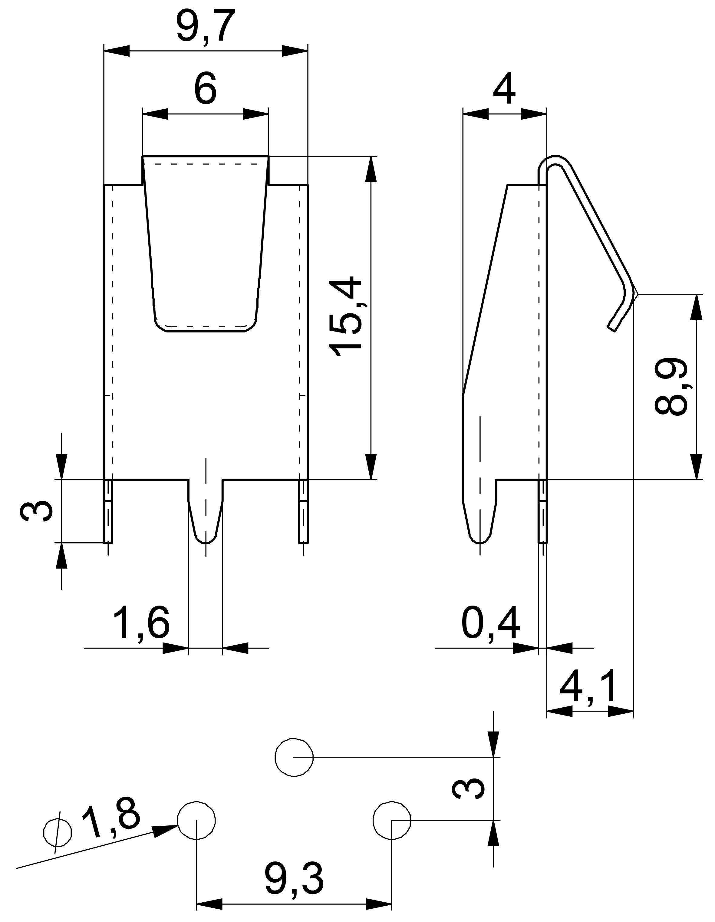 Rysunek techniczny dwóch złączy wtykowych z wymiarami. Wymiary wynoszą 9,7 mm, 6 mm, 15,4 mm i 3 mm. Odległość między otworami wynosi 9,3 mm.