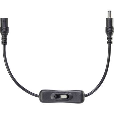 Czarny kabel z dwoma wtyczkami i prostokątnym przyciskiem pośrodku. Często używany do podłączania zasilania w urządzeniach elektronicznych.