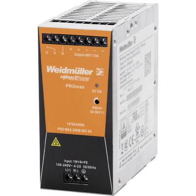 Przemysłowy zasilacz 'Weidmüller PROmax' o mocy 240W przy 48V i 5A. Wytrzymały i kompaktowy, odpowiedni do różnorodnych zastosowań.